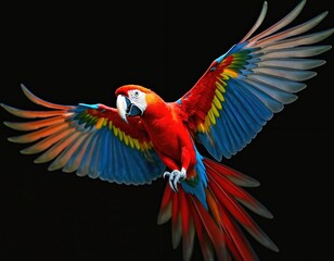 Fototapeta premium Scarlet macaw parrot soars through air. Vivid colors of wings, tail feathers shown against black background. Beautiful bird in flight. Parrot in mid-air. Exotic avian nature scene. Wildlife photo.