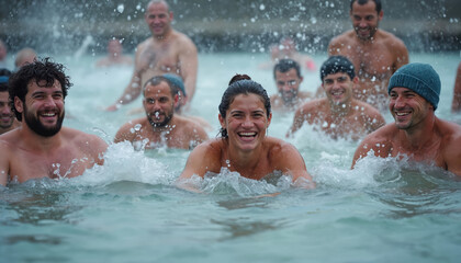 Group of happy people enjoying polar plunge. Participants swim in cold water. Laughing, splashing. Likely charity event. Water cool. People smiling, fun evident. Scene shows casual beachy