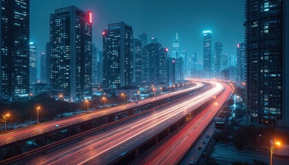 Fototapeta premium Modern cityscape at night. High-rise buildings light up urban landscape. Fast moving traffic on elevated highway creates streaks of light. Neon lights illuminate futuristic structures. Aerial view