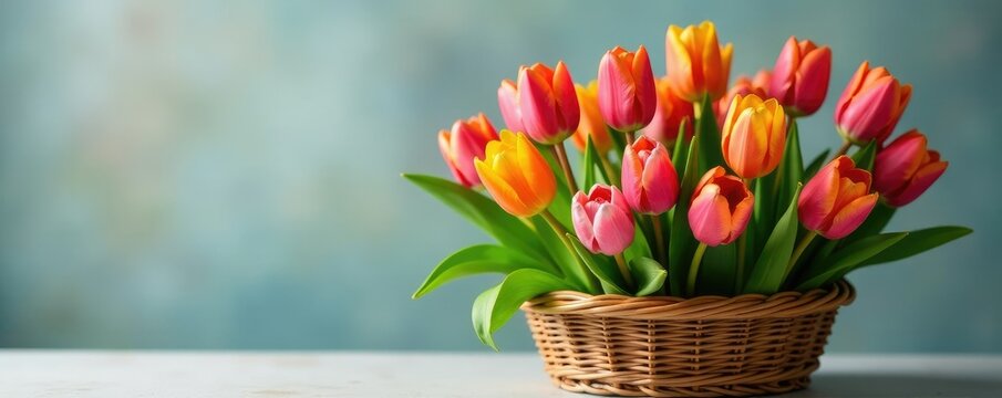 Tulip basket filled with colorful tulips and greenery, vases, tulips