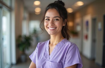 Friendly hispanic nurse stands in hospital interior. Pro medical worker smiling confidently. Light purple scrubs. Indoor shot focusing on person. Young woman in medical setting. Healthcare pro.