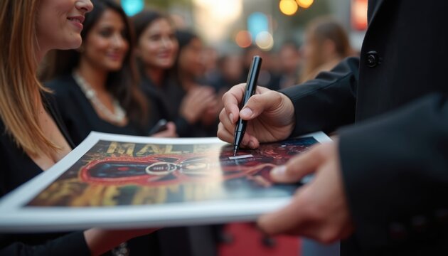 Celebrity signs poster for excited fans at movie premiere event. Person in suit signs memorabilia for enthusiastic crowd. Red carpet event interaction highlights film industry promotion. Fans eagerly