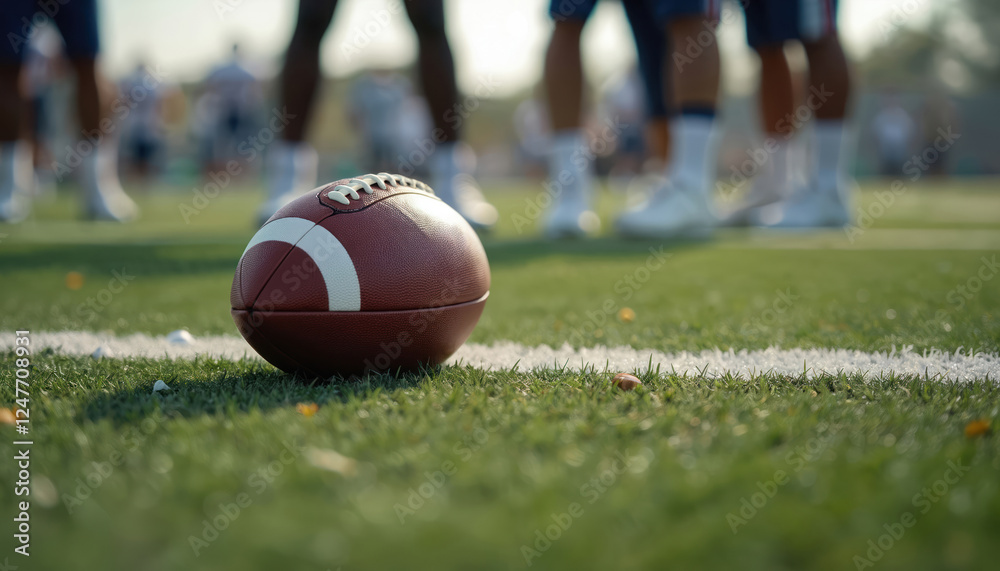 Wall mural Closeup shot of American football on field. Players in background. Action photo captures competitive moment in sport. Game intense. Equipment on green turf. Football leather. Athletic play could