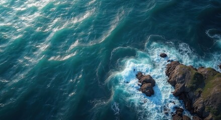Large body of choppy water meets rocky shoreline. Aerial view shows powerful waves crashing against rocks. Bright sunlight shines on water surface. Ocean energy visible in dynamic waves. Photo