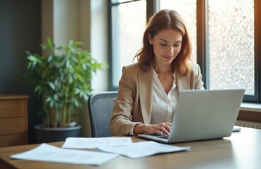 Businesswoman sits at desk in office using laptop. Types on keyboard, looks at screen. Papers, documents on table. Woman focused on work. Modern workplace setting with plant in background. Woman