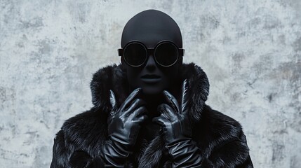 Mysterious black mannequin in fur coat and sunglasses against a textured wall.
