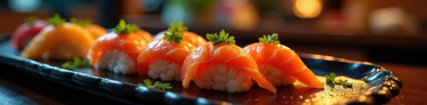 Un estante con un efecto de luz que hace resaltar los colores arco?ris del sushi, iluminaci?n, restaurante