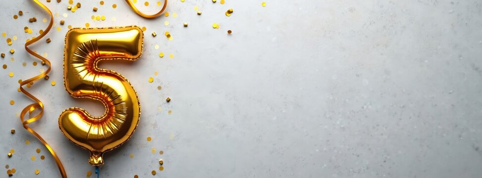 Golden foil balloon number five on gray concrete background. Celebration decor with confetti, ribbon. Anniversary birthday card. Perfect for corporate personal events. Great for invitations