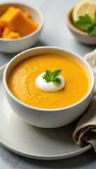 Velvety-smooth butternut squash soup served in a white ceramic bowl with a dollop of cr?me fra?che on top, topping, ceramic