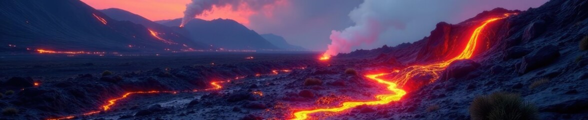Fototapeta premium Volcanic eruption landscape with lava streams, geological, flow