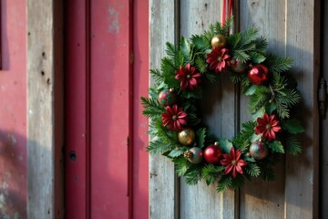 Naklejka premium Vintage ornament wreath on a rustic wooden door, Rustic, Door