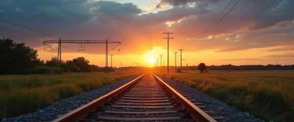 Train tracks stretch into serene countryside landscape at sunset. Golden sunlight paints sky, fields. Electricity poles line railway. Tranquil evening scene. Rural destination photo. Travel
