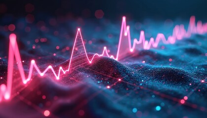 Futuristic graphic displays complex wave pattern with luminous lines. Data visualization shows growth, fluctuations. Digital heartbeat concept for health tech. Innovative cardio tech illustration