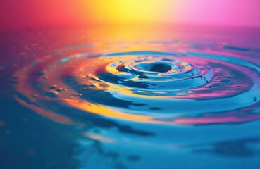 Colorful abstract ripples on water surface. Vibrant rainbow colors spread, reflect on liquid....