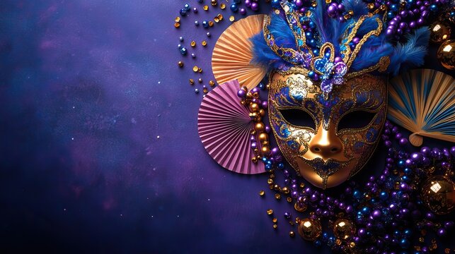 A cheerful carnival array, celebration with a carnival mask, fans, beads, and garlands against a lively violet background, perfect for text or advertisements.