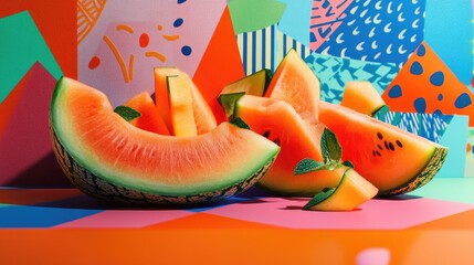 Juicy watermelon and cantaloupe slices arranged on a vibrant geometric background.