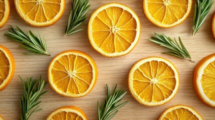 Dried orange slices & rosemary sprigs on wood. Flat lay food photography for recipe blogs