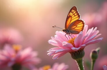 Beautiful butterfly rests on delicate pink flower. Soft sunlight bathes scene in gentle glow. Flowers petals in focus, butterfly wings shimmer with golden light. Nature scene ideal for spring summer