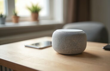 Stylish wireless speaker sits on wooden table. Modern tech device in home. Interior shot shows smart home tech. Portable audio system for music. Device in home office environment. Close-up view of