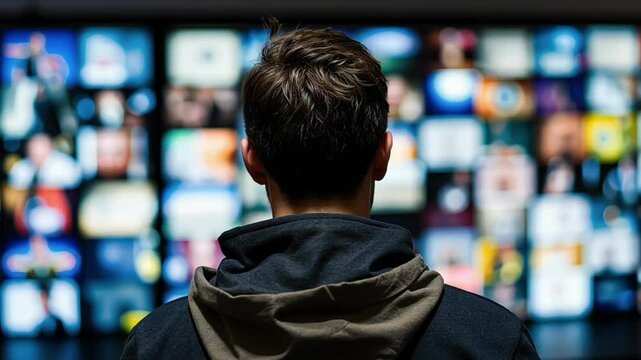 Person watching a lot of TV screens. Propaganda and fake news concept. Politicians manipulate society with help of public television
