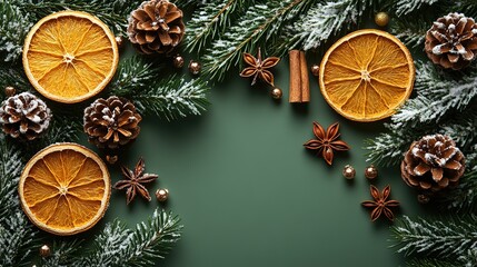 A Christmas decorations concept of dried orange slices, anise stars, cinnamon sticks, pine cones, mistletoe berries, and snow-dusted fir branches, arranged on an isolated green background.