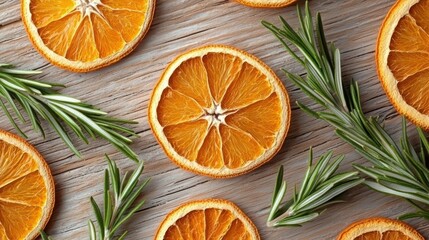 Dried oranges, rosemary sprigs, wood background; holiday food styling