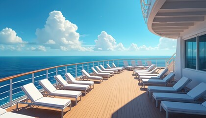Obraz premium Cruise ship deck with lounge chairs under bright blue sky. Spacious wooden deck offers relaxing views of the ocean. Perfect for vacation or holiday. Luxurious ship features comfortable chairs.