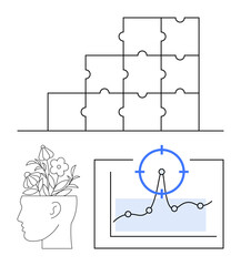 Head with blooming flowers symbolizing creativity, stacked puzzle pieces for strategy, and line graph with focus point for data analysis. Ideal for innovation, teamwork, planning, problem-solving
