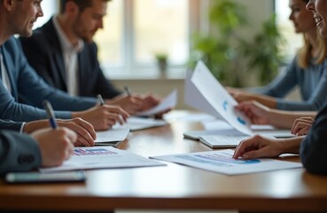 Business team members sit around table reviewing paper reports. Discuss ethical investing, ESG compliance. People focused on documents during meeting. Hands write, read reports. Papers charts,