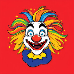 Fototapeta premium Cheerful Cartoon Clown with Colorful Hair and Big Smile on Red Background