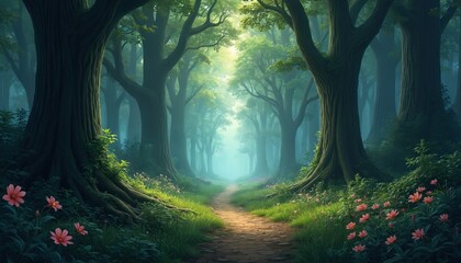 Naklejka premium Enchanted forest path. Sunlight filters through tall trees. Vegetation. Pink flowers along pathway. Mystical, dreamy landscape. Adventure, fairy tale themes. Perfect background for nature, fantasy