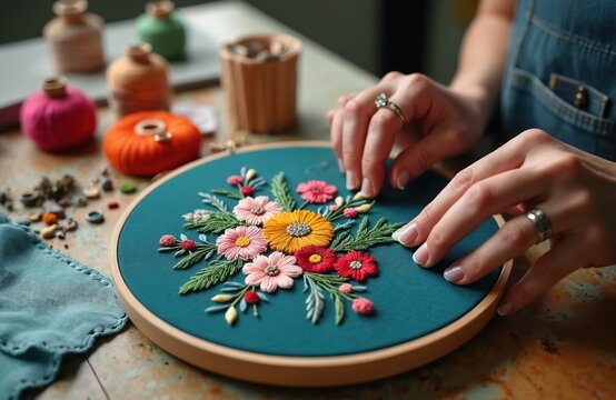 Woman embroidering detailed flower design on teal fabric hoop. Craft room setting with embroidery supplies. Handcrafted textile art. Artist focuses on intricate floral design. Traditional embroidery