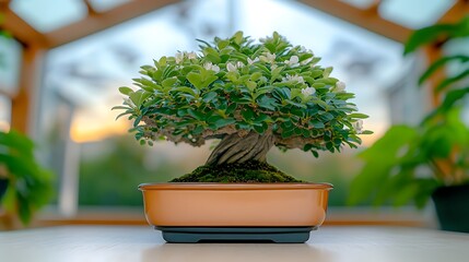 A beautifully shaped bonsai tree in a serene greenhouse setting at sunset, showcasing vibrant foliage