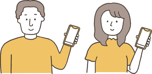 スマホを持っている若い男女単色