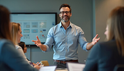 Advertising manager shares product launch vision with team. Enthusiastic gestures highlight new product. Business meeting in modern office setting. Group listens attentively. Plan for successful