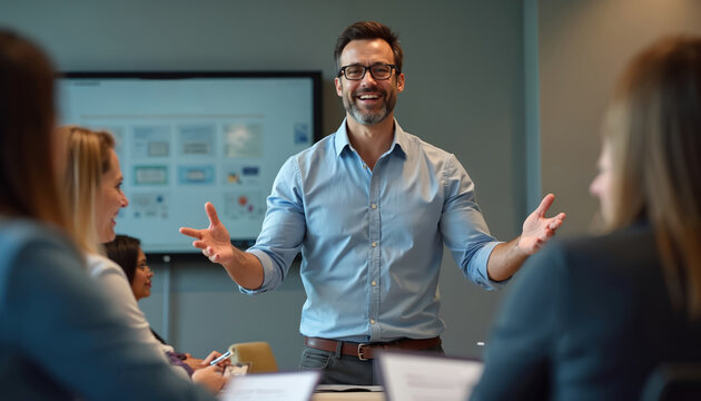 Advertising manager shares product launch vision with team. Enthusiastic gestures highlight new product. Business meeting in modern office setting. Group listens attentively. Plan for successful