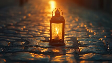 Glowing Lantern on Cobblestone Path at Sunset