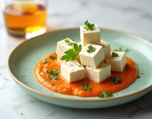 Delicious paneer cubes served on plate with vibrant orange sauce. Fresh herbs garnish dish. Top view isolated on white background. Perfect for quick appetizer light dinner. Dish Indian cuisine,