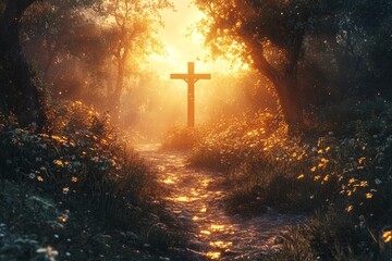 Sunrise path, cross, forest, hope, faith, spiritual