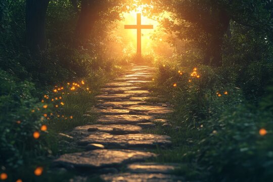 Stone path leads to cross in sunlit forest