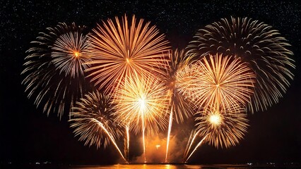 夜空に輝く綺麗で美しい打ち上げ花火のイメージ 背景素材 AI生成素材 オレンジ イエロー