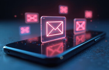 Close-up tech smartphone screen shows new email notifications. Digital communication shift. Modern tech device. Electronic mail notification icon. New email. Display new notification. Mobile phone.