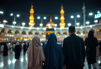 asian muslim family hajj shot from behind
