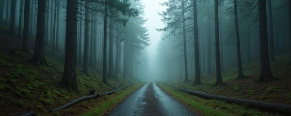 Misty foggy morning in dense pine forest. Road winds through tall trees. Nature tranquil, mysterious. Wet path leads into unknown. Mystical atmosphere. Scenic mountain forest landscape. Ideal for eco