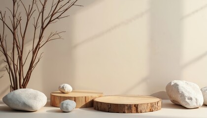 Empty round wooden podiums with rocks, dry branches. Natural materials create minimal, zen presentation scene. Perfect for beauty wellness products. Stylish, trendy design for spa fashion brand.