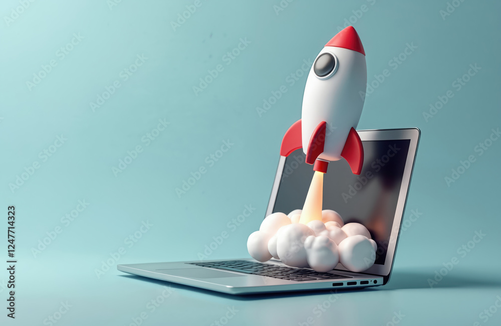 Fototapete laptop computer with rocket launching from screen. tech innovation concept. futuristic design. digit