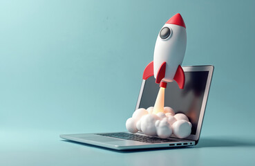 Laptop computer with rocket launching from screen. Tech innovation concept. Futuristic design. Digital illustration. Startup speed, progress. Laptop hardware, software. Rocket launch from computer