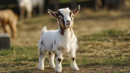 Fototapeta premium Adorable baby goat on farm, pasture background, rural setting, livestock image