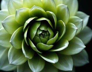 Fototapeta premium Closeup view of succulent plant. Green, white petals form flower-like pattern. Curled petals create spiral shape. Abstract beauty of nature. Fresh growth, delicate detail. Stylish design for home