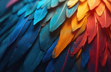 Obraz premium Colorful feathers create vibrant abstract pattern. Close-up view shows layered textures, multiple colors. Design suitable for decorative items wallpaper. Feathers create soft, vivid image. Variety of